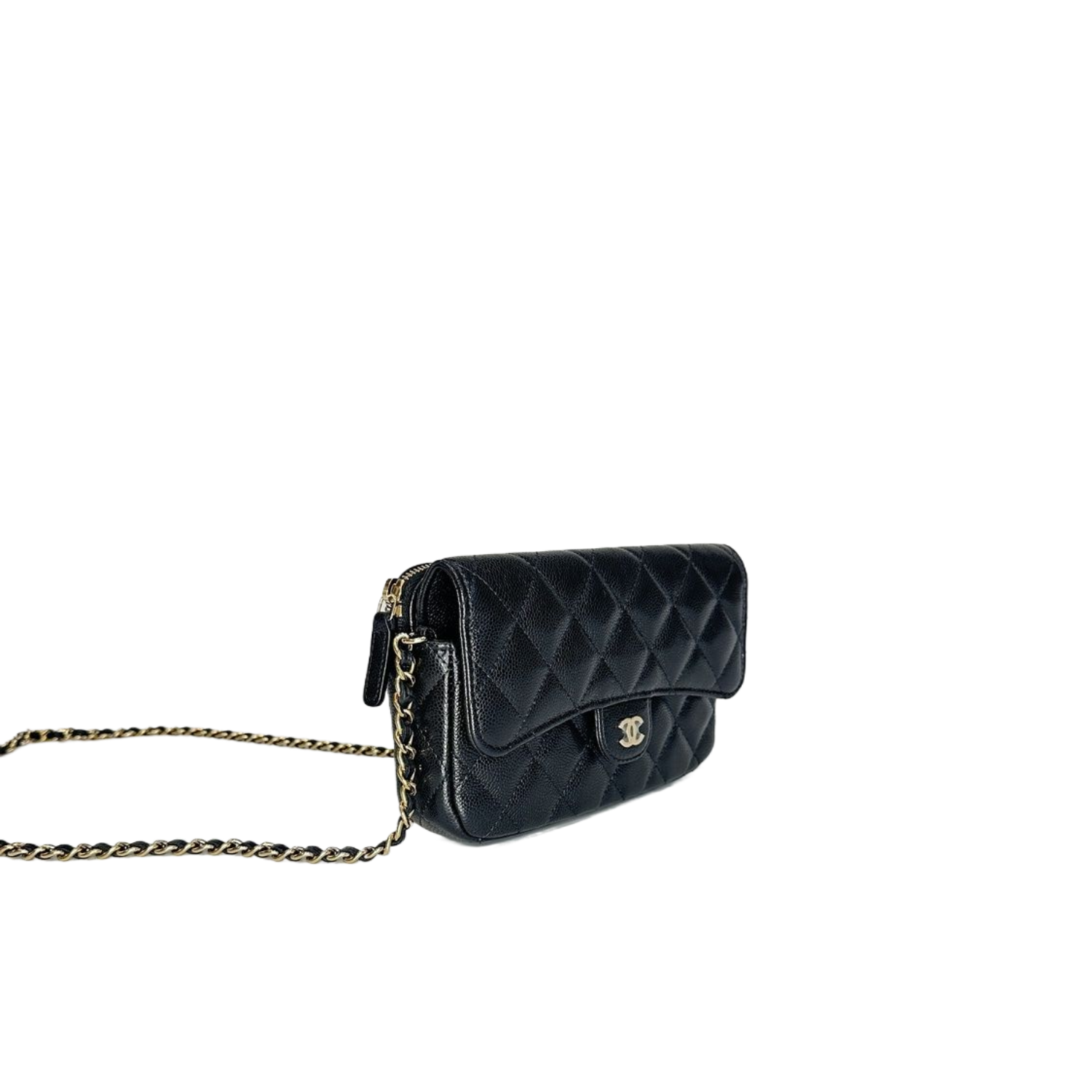 CHANEL Black Quilted Caviar Phone Holder with Chain