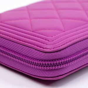 CHANEL BOY ZIP WALLET LAMBSKIN LEATHER PURPLE PINK SHW