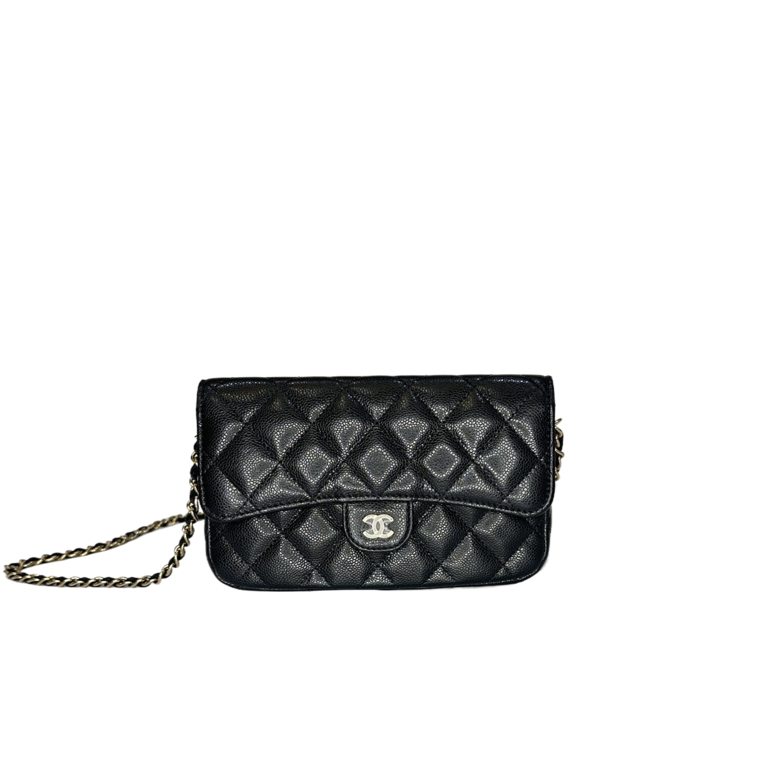 CHANEL Black Quilted Caviar Phone Holder with Chain