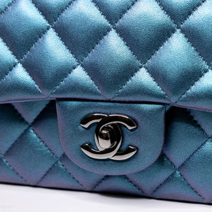 CHANEL IRIDESCENT BLUE TURQUOISE MINI CLASSIC FLAP BAG RUTHENIUM HARDWARE