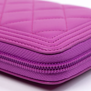 CHANEL BOY ZIP WALLET LAMBSKIN LEATHER PURPLE PINK SHW