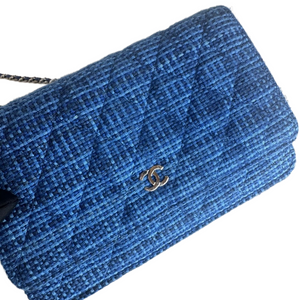 CHANEL BLUE QUILTED TWEED FABRIC WALLET ON CHAIN SHW