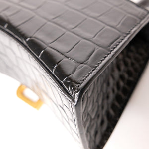 BALENCIAGA HOURGLASS BAG XS CROC-EMBOSSED CALFSKIN BLACK GHW