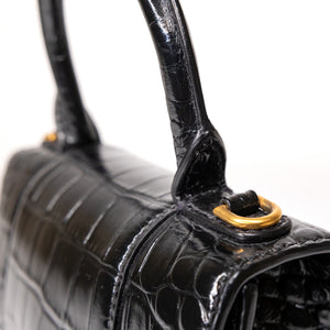 BALENCIAGA HOURGLASS BAG XS CROC-EMBOSSED CALFSKIN BLACK GHW