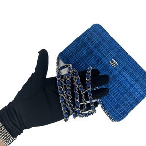 CHANEL BLUE QUILTED TWEED FABRIC WALLET ON CHAIN SHW