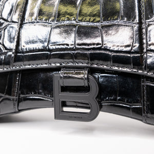 BALENCIAGA HOURGLASS BAG XS CROC-EMBOSSED CALFSKIN SO BLACK