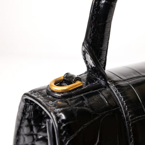 BALENCIAGA HOURGLASS BAG XS CROC-EMBOSSED CALFSKIN BLACK GHW