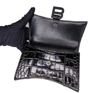 BALENCIAGA HOURGLASS BAG XS CROC-EMBOSSED CALFSKIN SO BLACK