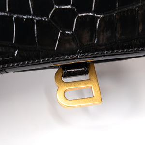 BALENCIAGA HOURGLASS BAG XS CROC-EMBOSSED CALFSKIN BLACK GHW
