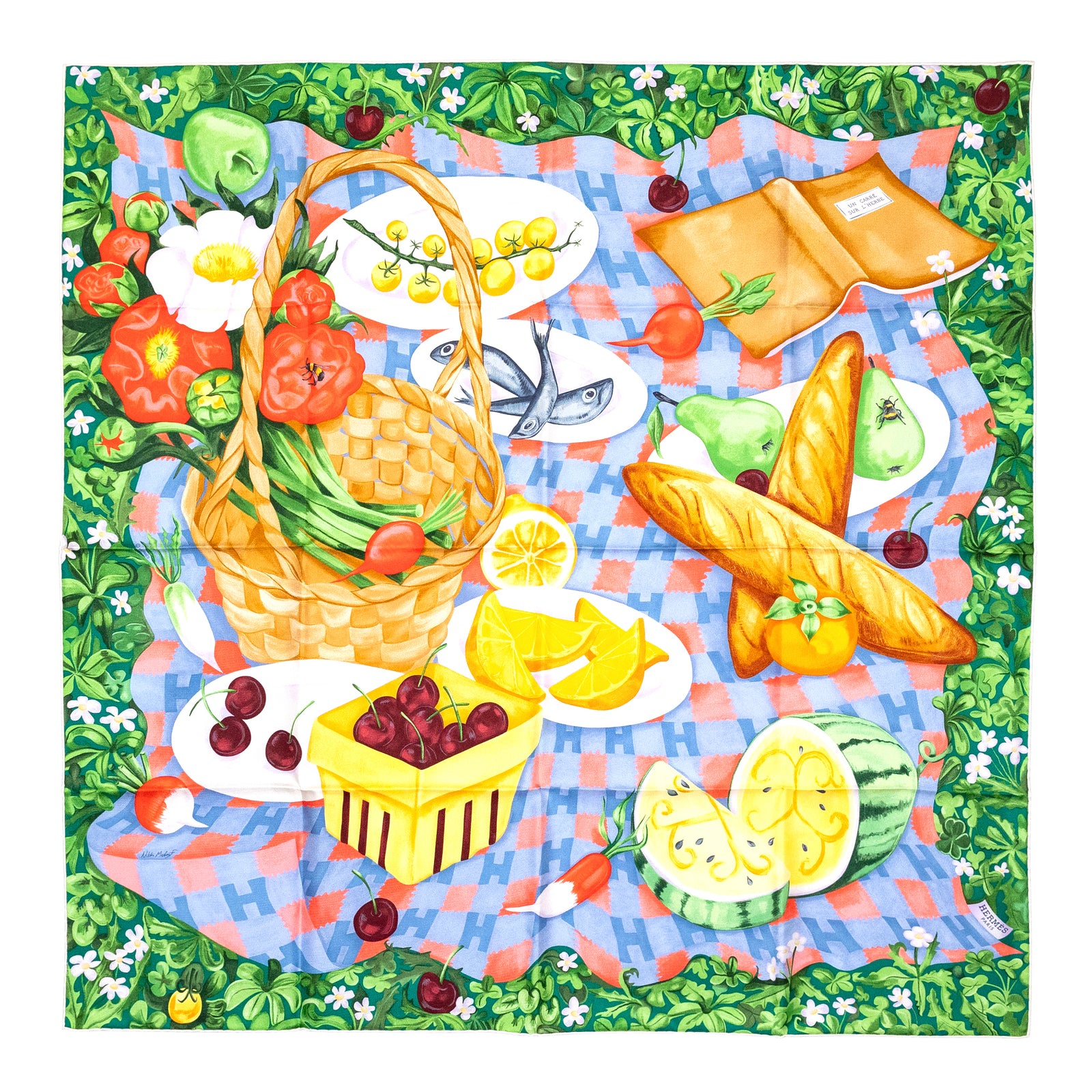 HERMES UN CARRE SUR L'HERBE SILK SCARF 90CM