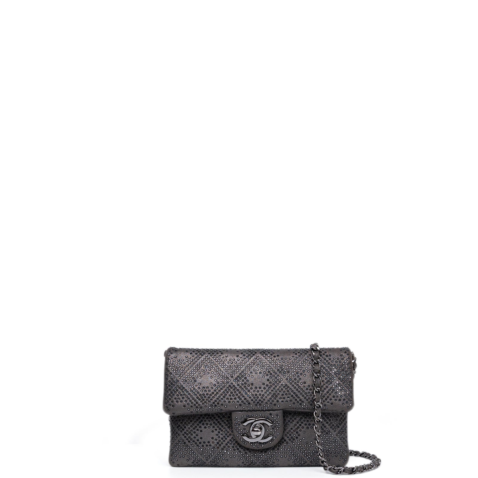 CHANEL CLASSIC FLAP CRYSTAL EMBELLISHED MINI BAG GREY LEATHER SHW