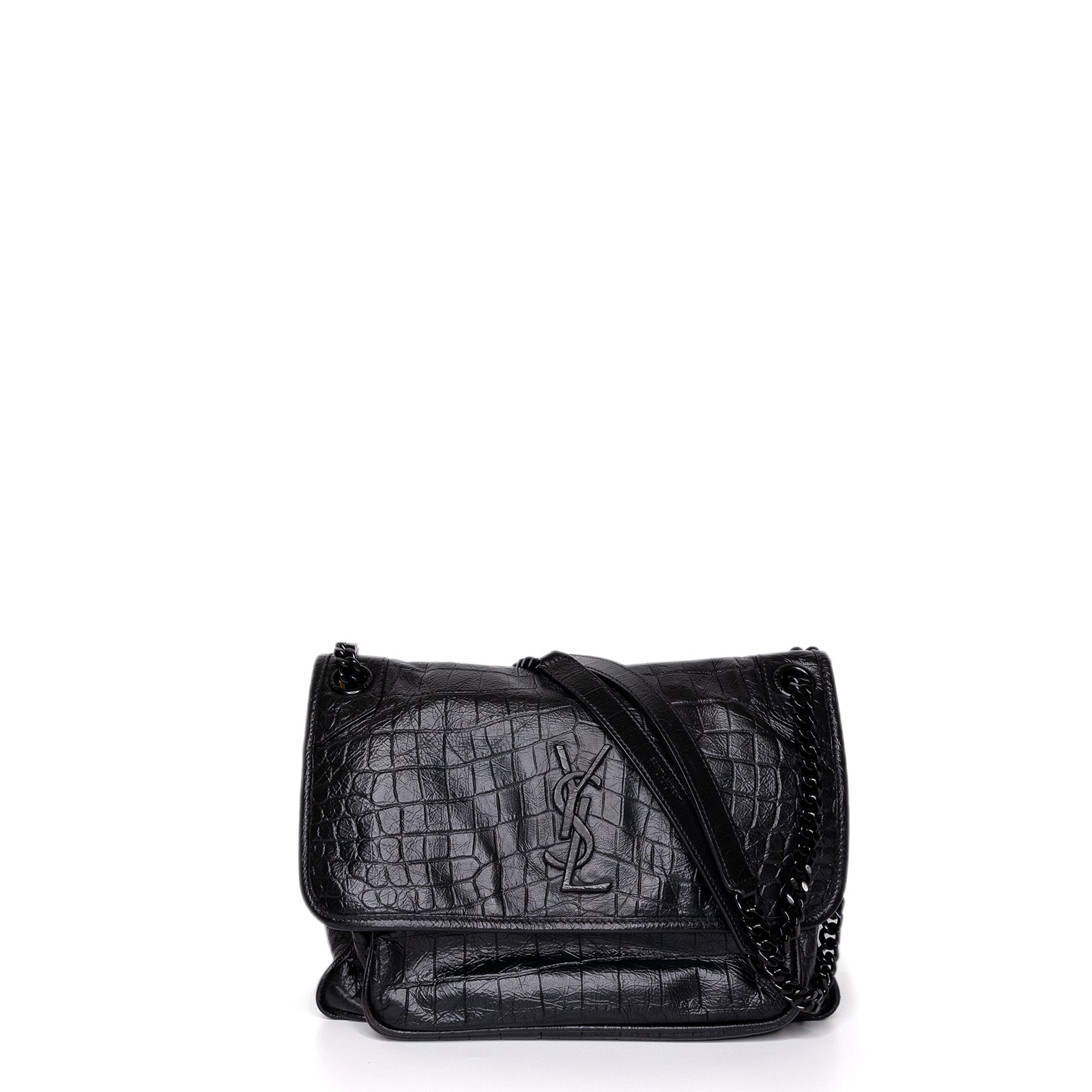 SAINT LAURENT MEDIUM NIKI BAG CROCODILE-EMBOSSED BLACK CALFSKIN BLACK HARDWARE