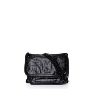 SAINT LAURENT MEDIUM NIKI BAG CROCODILE-EMBOSSED BLACK CALFSKIN BLACK HARDWARE