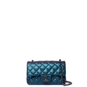 CHANEL IRIDESCENT BLUE TURQUOISE MINI CLASSIC FLAP BAG RUTHENIUM HARDWARE