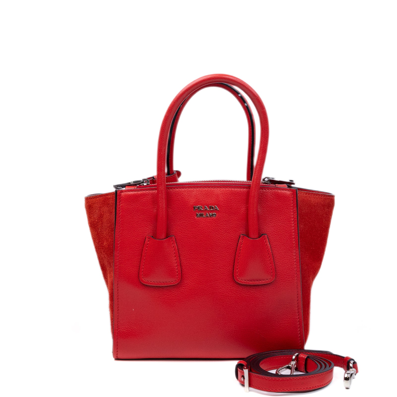 PRADA SMALL GLACE CALF SKIN LEATHER TWIN POCKET SATCHEL RED SHW