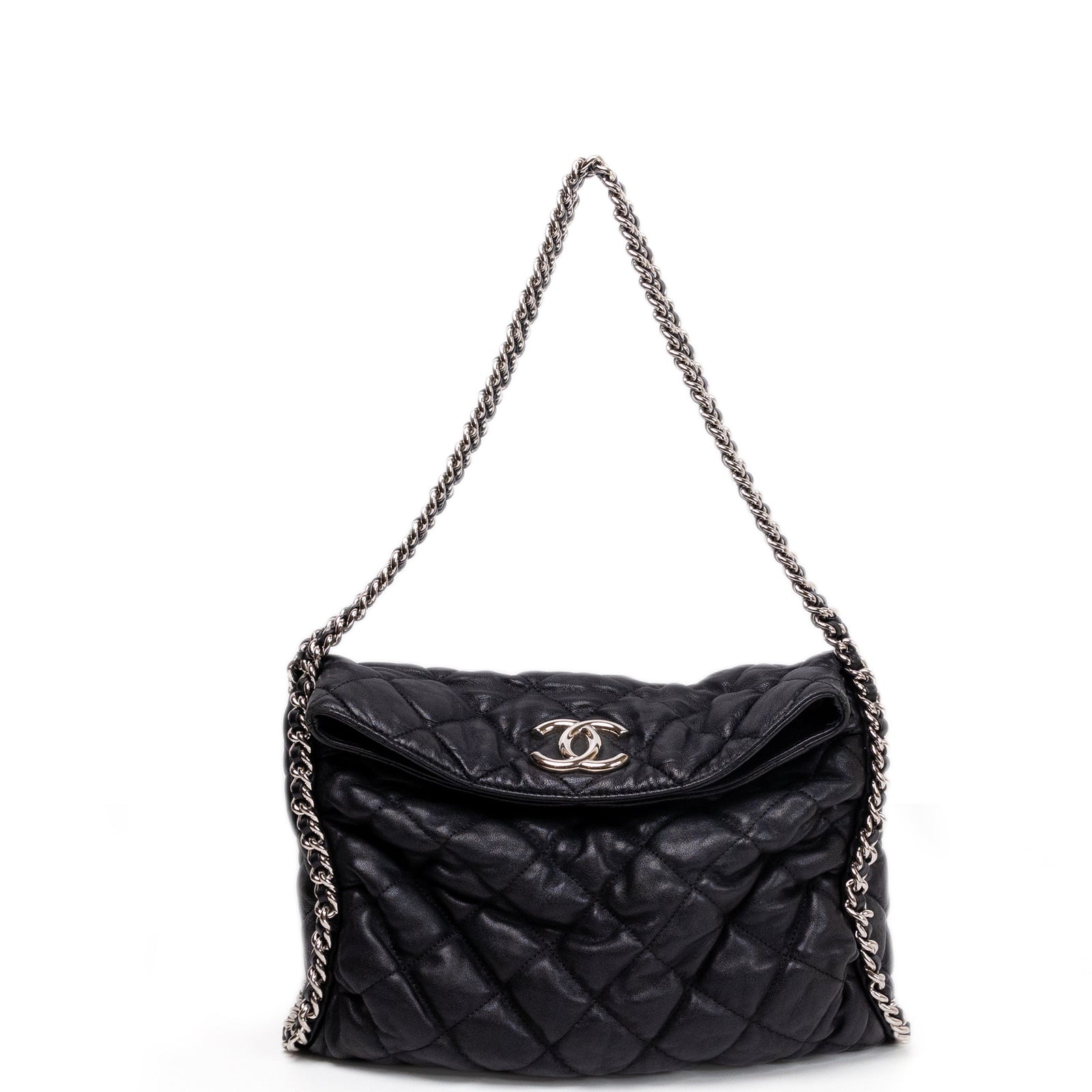 CHANEL CHAIN AROUND HOBO BAG BLACK LAMBSKIN SHW