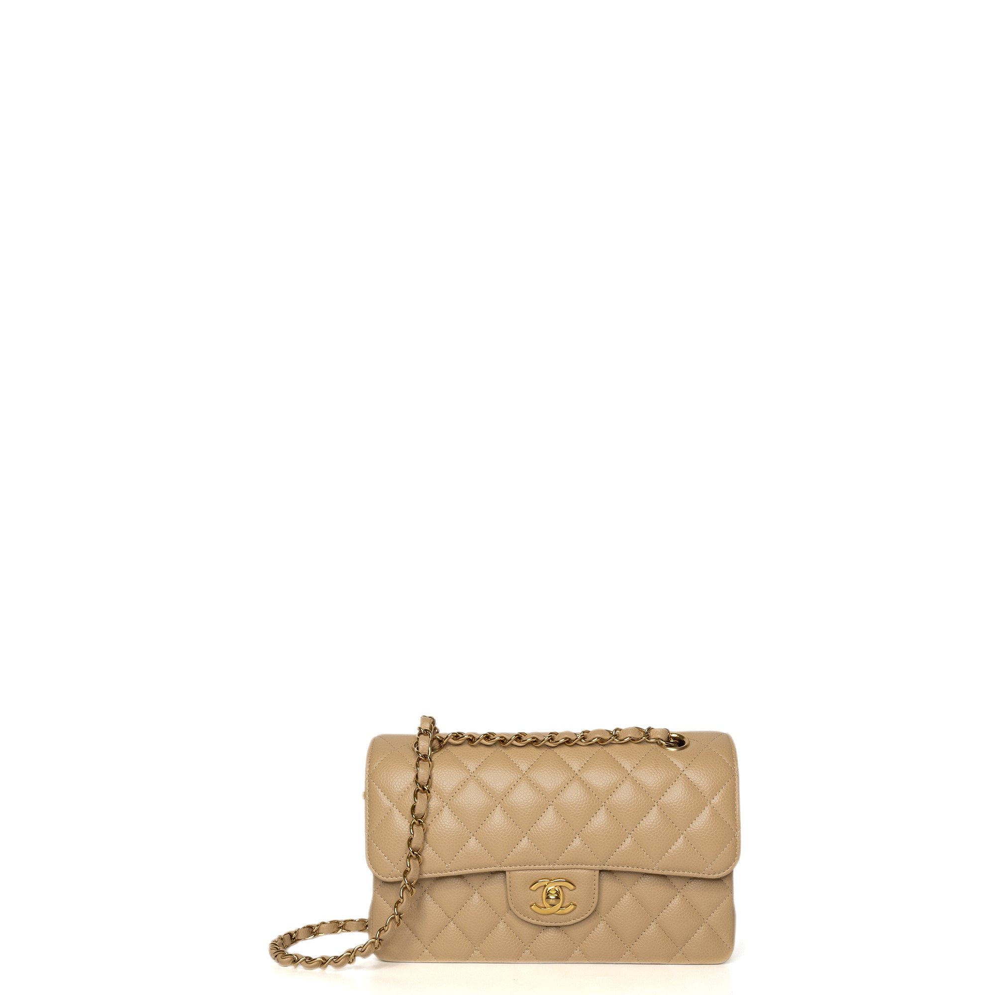 CHANEL CLASSIC FLAP MEDIUM BEIGE CAVIAR LEATHER GHW (MICROCHIP)