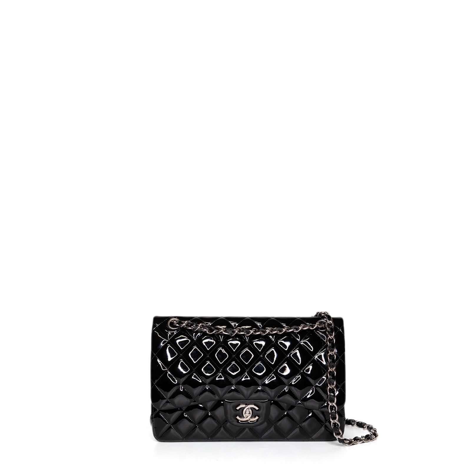 CHANEL JUMBO CLASSIC DOUBLE FLAP BAG PATENT BLACK SHW