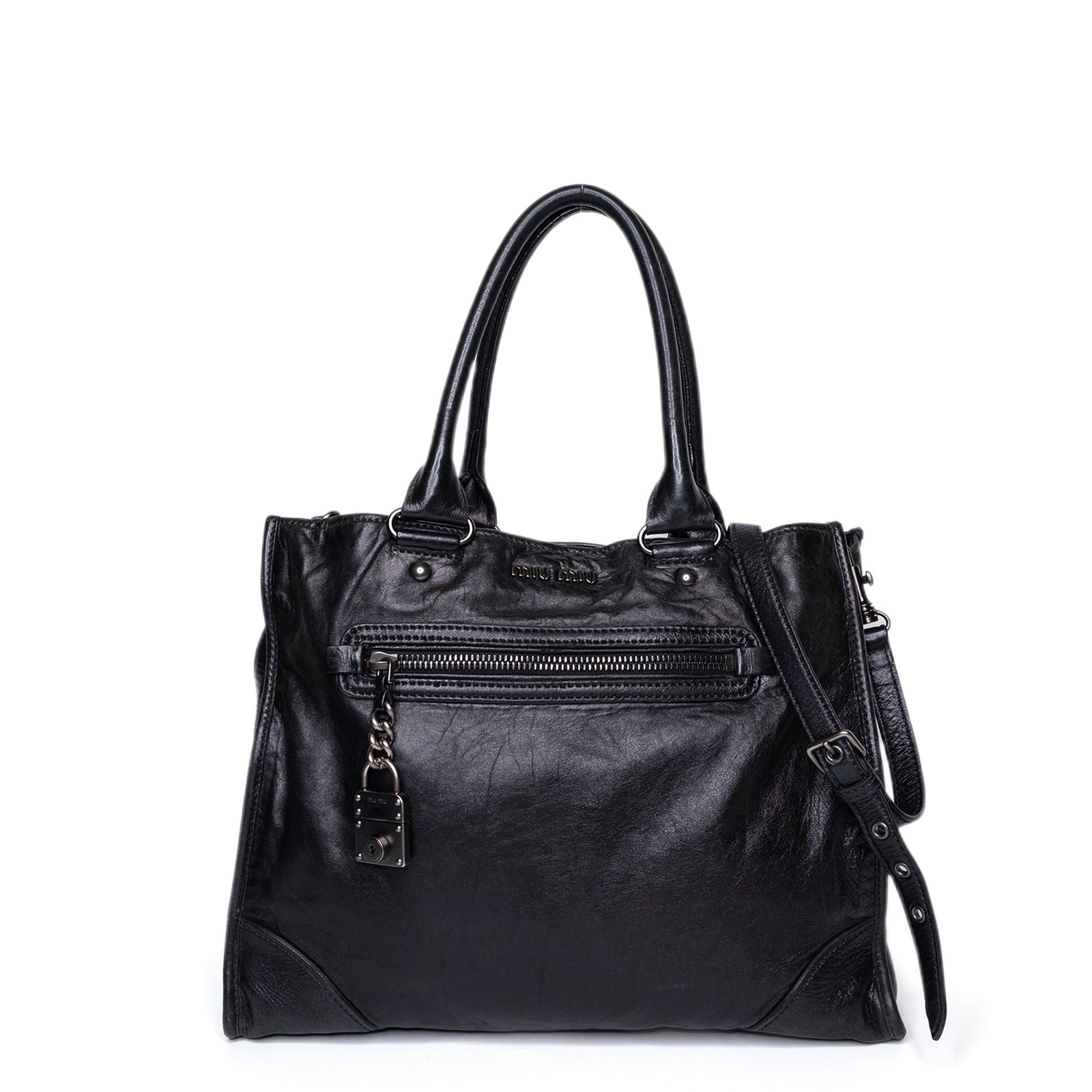 MIUMIU TOTE BAG CALFSKIN LEATHER BLACK