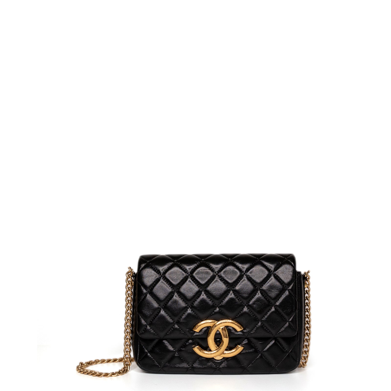 CHANEL GIANT CC LOGO FLAP BAG LAMBSKIN BLACK GHW (MICROCHIP)