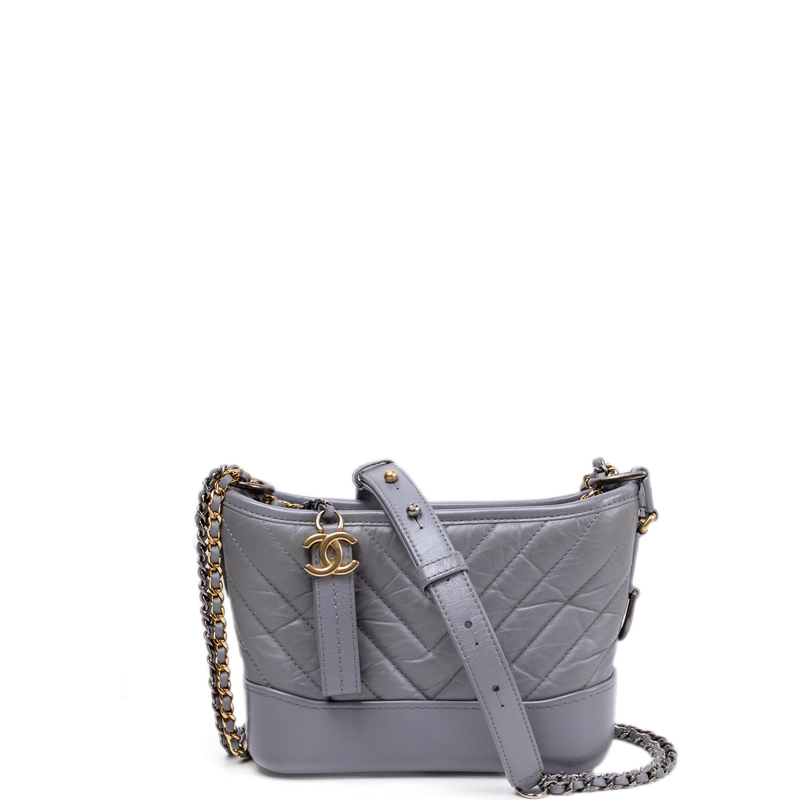 CHANEL SMALL CHEVRON GABRIELLE HOBO BAG GREY CALFSKIN LEATHER MULTICOLOURED HARDWARE