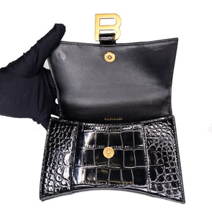 BALENCIAGA HOURGLASS BAG XS CROC-EMBOSSED CALFSKIN BLACK GHW