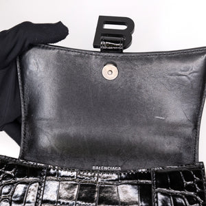 BALENCIAGA HOURGLASS BAG XS CROC-EMBOSSED CALFSKIN SO BLACK