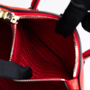 PRADA SMALL GLACE CALF SKIN LEATHER TWIN POCKET SATCHEL RED SHW