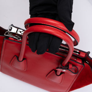 PRADA SMALL GLACE CALF SKIN LEATHER TWIN POCKET SATCHEL RED SHW