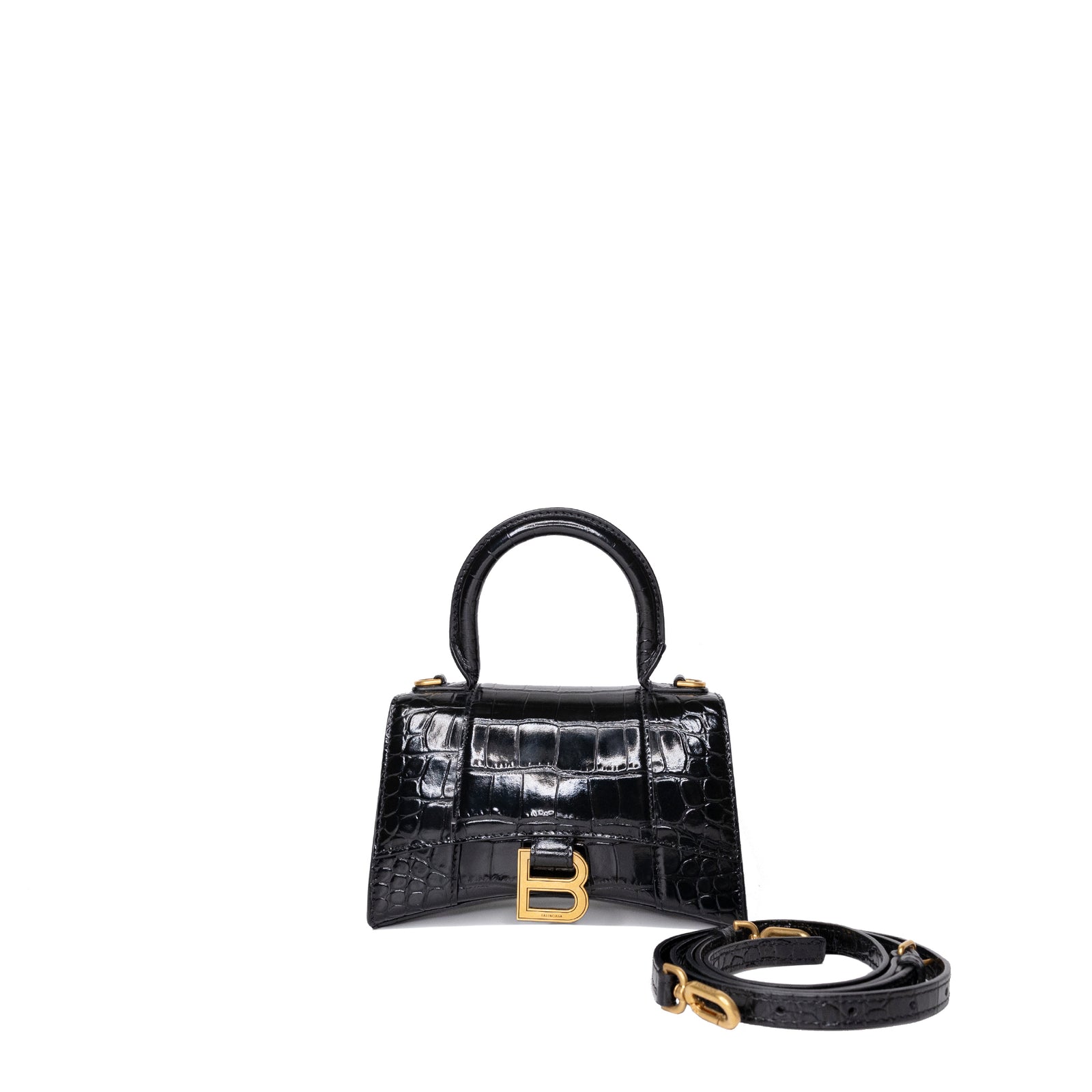 BALENCIAGA HOURGLASS BAG XS CROC-EMBOSSED CALFSKIN BLACK GHW