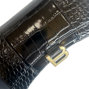 BALENCIAGA WOMEN'S HOURGLASS WOC CROCODILE EMBOSSED CALFSKIN BLACK GHW