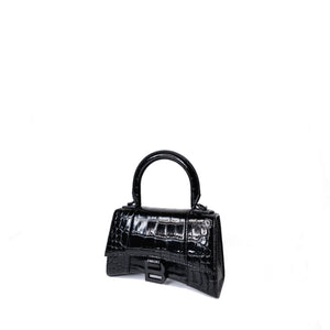 BALENCIAGA HOURGLASS BAG XS CROC-EMBOSSED CALFSKIN SO BLACK