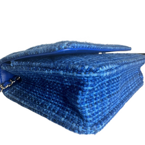 CHANEL BLUE QUILTED TWEED FABRIC WALLET ON CHAIN SHW