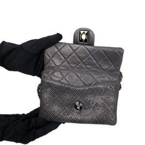 CHANEL CLASSIC FLAP CRYSTAL EMBELLISHED MINI BAG GREY LEATHER SHW