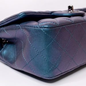 CHANEL IRIDESCENT BLUE TURQUOISE MINI CLASSIC FLAP BAG RUTHENIUM HARDWARE